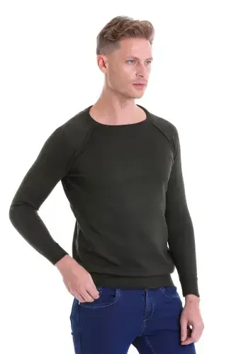 Хаки Regular Fit Узорчатый Трикотаж с Круглым Вырезом из Шерсти - 3