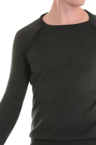 Хаки Regular Fit Узорчатый Трикотаж с Круглым Вырезом из Шерсти - 5