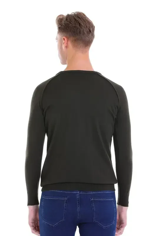 Хаки Regular Fit Узорчатый Трикотаж с Круглым Вырезом из Шерсти - 6