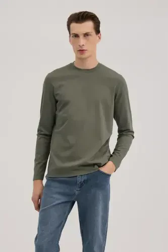 Хаки Slim Fit Футболка с круглым вырезом из вискозы с длинными рукавами 