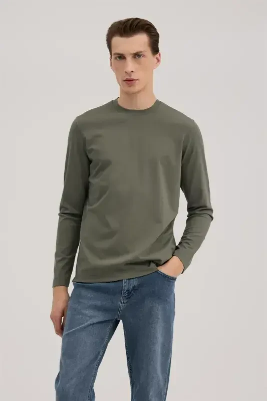 Хаки Slim Fit Футболка с круглым вырезом из вискозы с длинными рукавами - JAKAMEN