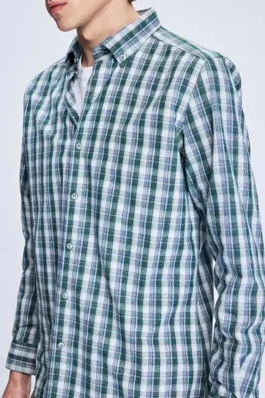 Хакі Слим Фіт Клетчатая Пуговичная Рубашка с Длинным Рукавом из Хлопка - 4