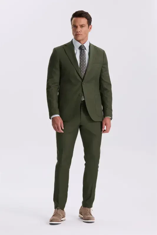 Хаки Slim Fit Моно Воротник Тенсел Ткань Двойной Разрез Накладной Карман Костюм - 1