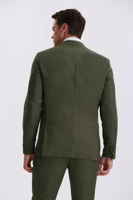 Хаки Slim Fit Моно Воротник Тенсел Ткань Двойной Разрез Накладной Карман Костюм - 4