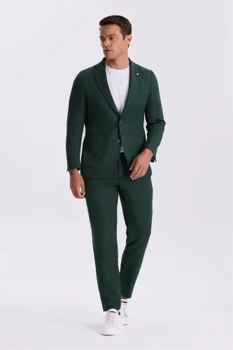 Xaki Slim Fit Mono Yoqali Ikkita Yirtiq Desenli Torba Cho'ntakli Kostyum - 1
