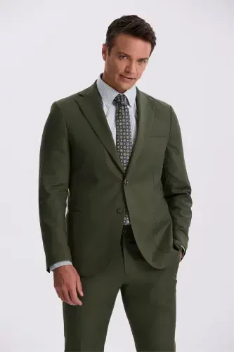 Xaki Slim Fit Mono Yoqali Tensel Matoli Ikkita Yirtiq Torba Chapli Kostyum 