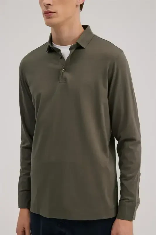 Хаки Slim Fit Поло Воротник Толстовка - 3