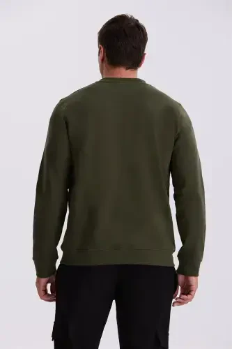 Xaki Slim Fit Velosiped Yoqali Basic Paxta Licrali Svitshot - 4