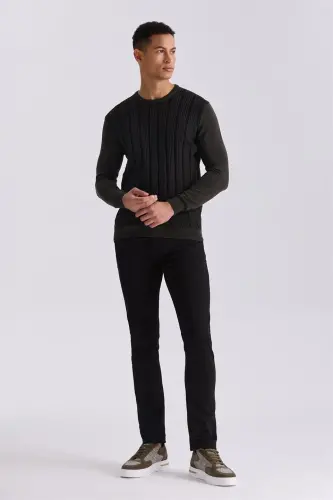 Xaki Slim Fit Velosiped Yoqali Chiziqli Naqshli Trikotay Jemper - JAKAMEN (1)