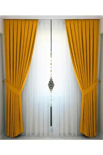 Xantal sarg'ish burmali baxmal fon parda Yuqori sifatli bitta qanot-Xantal - 1