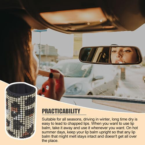 xbrtaia Upright Car Chapstick Holder, Bling Insulating Lip Balm Holder,Rhinestone Car Accessories for Women Interior ,Suitable for Most Vehicles. (Leopard print) - 4