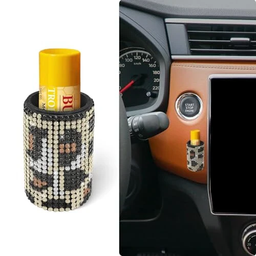 xbrtaia 1 Pack Upright Car Chapstick Holder, Bling Insulating Lip Balm Holder, Rhinestone Car Accessories for Women Interior, Suitable for Most Vehicles. (Leopard print) - xbrtaia