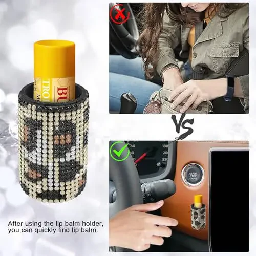 xbrtaia 1 Pack Upright Car Chapstick Holder, Bling Insulating Lip Balm Holder, Rhinestone Car Accessories for Women Interior, Suitable for Most Vehicles. (Leopard print) - 3