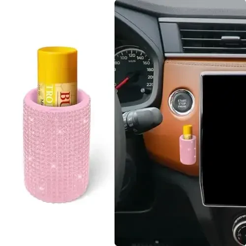xbrtaia 1 Pack Upright Car Chapstick Holder, Bling Insulating Lip Balm Holder, Rhinestone Car Accessories for Women Interior, Suitable for Most Vehicles.(Pink) - 1