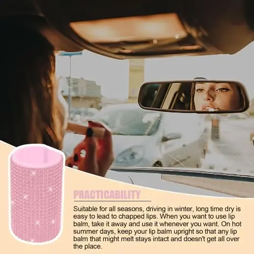 xbrtaia 1 Pack Upright Car Chapstick Holder, Bling Insulating Lip Balm Holder, Rhinestone Car Accessories for Women Interior, Suitable for Most Vehicles.(Pink) - 4