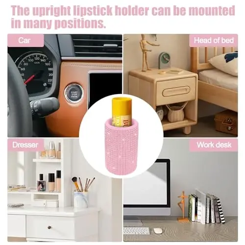 xbrtaia 1 Pack Upright Car Chapstick Holder, Bling Insulating Lip Balm Holder, Rhinestone Car Accessories for Women Interior, Suitable for Most Vehicles.(Pink) - 6