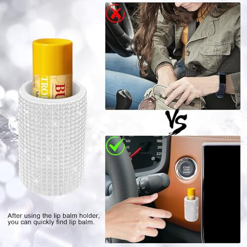 xbrtaia 1 Pack Upright Car Chapstick Holder, Bling Insulating Lip Balm Holder, Rhinestone Car Accessories for Women Interior,Suitable for Most Vehicles.(White) - 3