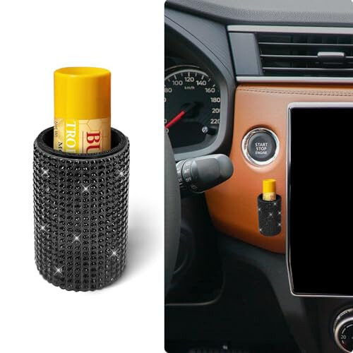 xbrtaia 1 Pack Upright Car Chapstick Holder, Bling Insulating Lip Balm Holder,Rhinestone Car Accessories for Women Interior,Suitable for Most Vehicles.(Black) 
