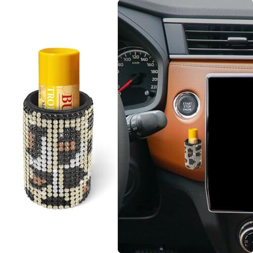 xbrtaia 1 Pack Upright Car Chapstick Holder, Bling Insulating Lip Balm Holder,Rhinestone Car Accessories for Women Interior,Suitable for Most Vehicles.(Leopard print) - 1