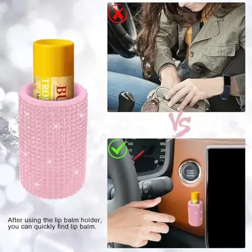 xbrtaia 1 Pack Upright Car Chapstick Holder, Bling Insulating Lip Balm Holder,Rhinestone Car Accessories for Women Interior,Suitable for Most Vehicles.(Pink) - 3