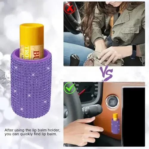 xbrtaia 1 Pack Upright Car Chapstick Holder, Bling Insulating Lip Balm Holder,Rhinestone Car Accessories for Women Interior,Suitable for Most Vehicles.(Purple) - 3