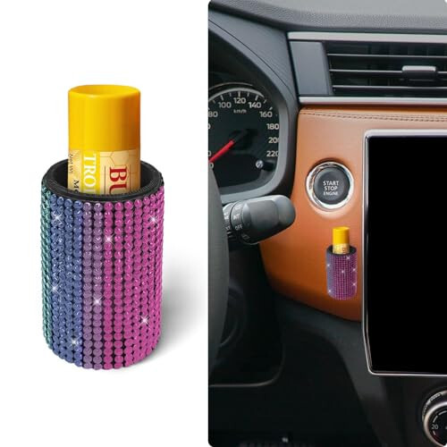 xbrtaia 1 Pack Upright Car Chapstick Holder, Bling Insulating Lip Balm Holder,Rhinestone Car Accessories for Women Interior,Suitable for Most Vehicles.(Rainbow) 