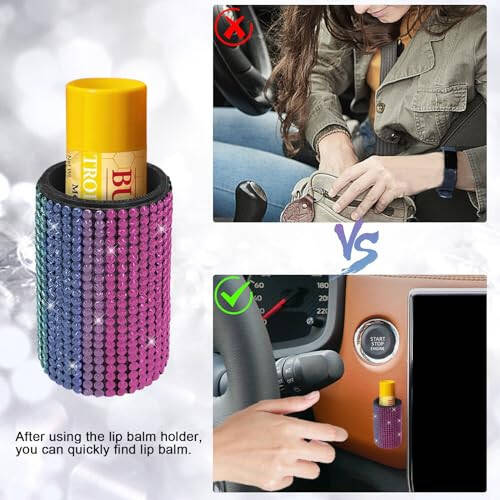 xbrtaia 1 Pack Upright Car Chapstick Holder, Bling Insulating Lip Balm Holder,Rhinestone Car Accessories for Women Interior,Suitable for Most Vehicles.(Rainbow) - 3