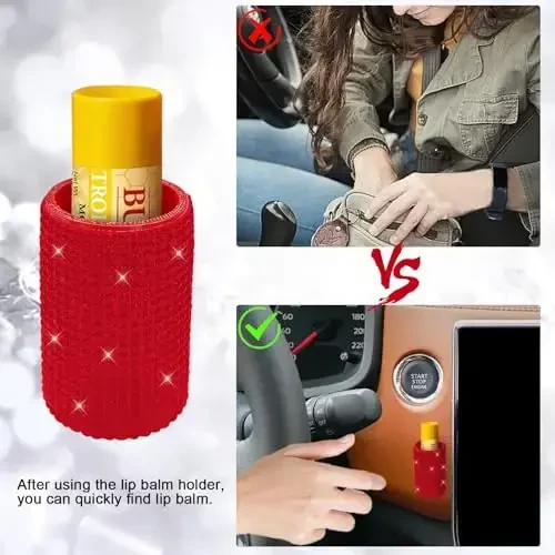 xbrtaia 1 Pack Upright Car Chapstick Holder, Bling Insulating Lip Balm Holder,Rhinestone Car Accessories for Women Interior,Suitable for Most Vehicles.(Red) - 3