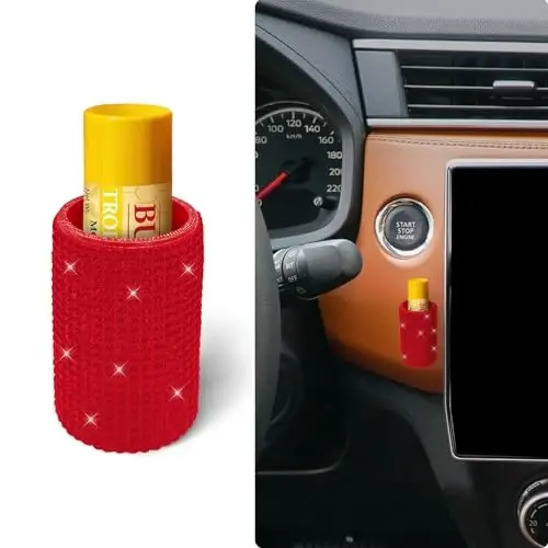 xbrtaia Upright Car Chapstick Holder, Bling Insulating Lip Balm Holder,Rhinestone Car Accessories for Women Interior ,Suitable for Most Vehicles. (Red) 