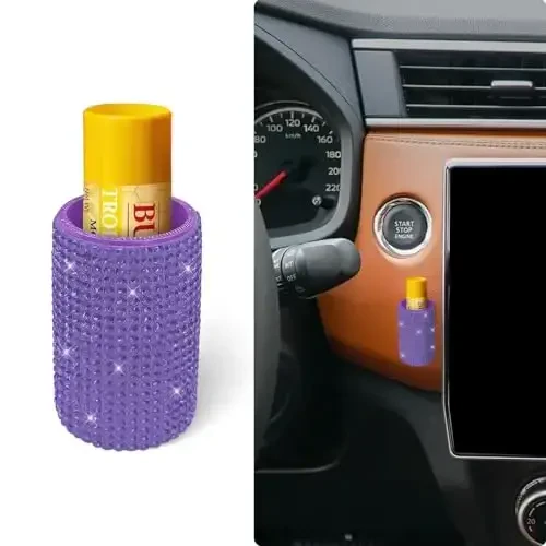 xbrtaia 1 Pack Upright Car Chapstick Holder, Bling Insulating Lip Balm Holder,Rhinestone Car Accessories for Women Interior,Suitable for Most Vehicles.(Purple) - MODAZONE