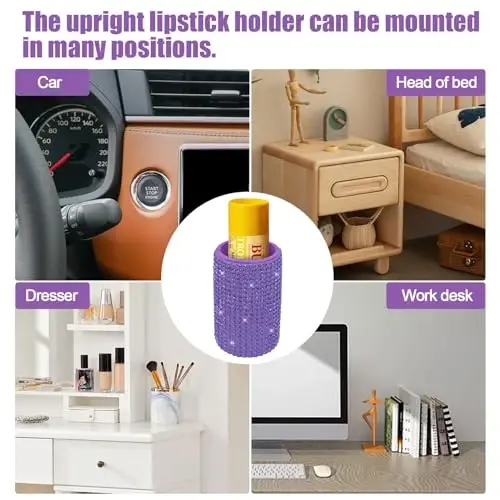 xbrtaia 1 Pack Upright Car Chapstick Holder, Bling Insulating Lip Balm Holder,Rhinestone Car Accessories for Women Interior,Suitable for Most Vehicles.(Purple) - 6