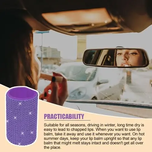xbrtaia Upright Car Chapstick Holder, Bling Insulating Lip Balm Holder,Rhinestone Car Accessories for Women Interior ,Suitable for Most Vehicles. (Purple) - 4