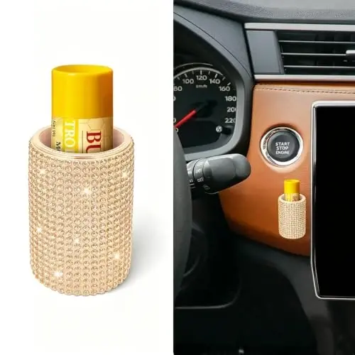xbrtaia Upright Car Chapstick Holder, Bling Insulating Lip Balm Holder,Rhinestone Car Accessories for Women Interior ,Suitable for Most Vehicles. (Champagne Gold) - 1