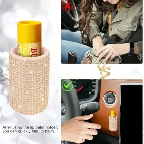 xbrtaia Upright Car Chapstick Holder, Bling Insulating Lip Balm Holder,Rhinestone Car Accessories for Women Interior ,Suitable for Most Vehicles. (Champagne Gold) - 3