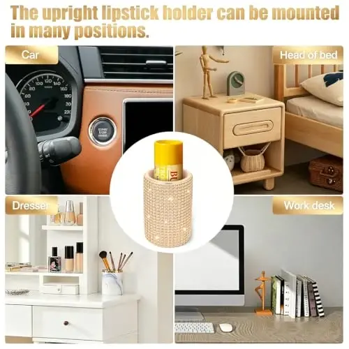 xbrtaia Upright Car Chapstick Holder, Bling Insulating Lip Balm Holder,Rhinestone Car Accessories for Women Interior ,Suitable for Most Vehicles. (Champagne Gold) - 6