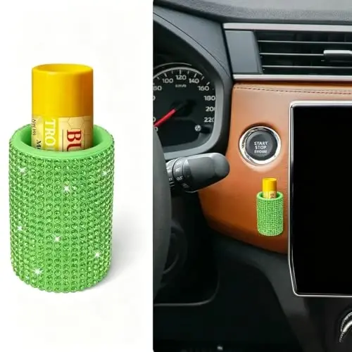 xbrtaia Upright Car Chapstick Holder, Bling Insulating Lip Balm Holder,Rhinestone Car Accessories for Women Interior ,Suitable for Most Vehicles. (Green) 