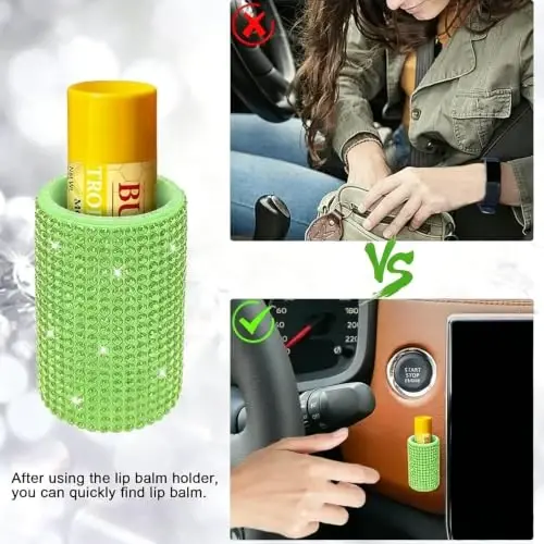 xbrtaia Upright Car Chapstick Holder, Bling Insulating Lip Balm Holder,Rhinestone Car Accessories for Women Interior ,Suitable for Most Vehicles. (Green) - 3