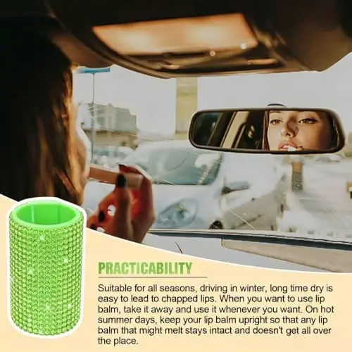 xbrtaia Upright Car Chapstick Holder, Bling Insulating Lip Balm Holder,Rhinestone Car Accessories for Women Interior ,Suitable for Most Vehicles. (Green) - 4
