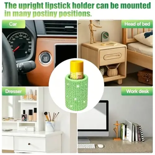 xbrtaia Upright Car Chapstick Holder, Bling Insulating Lip Balm Holder,Rhinestone Car Accessories for Women Interior ,Suitable for Most Vehicles. (Green) - 6