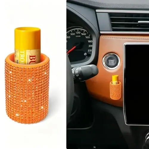 xbrtaia Upright Car Chapstick Holder, Bling Insulating Lip Balm Holder,Rhinestone Car Accessories for Women Interior ,Suitable for Most Vehicles. (Orange) 