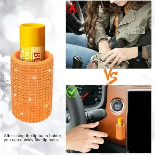 xbrtaia Upright Car Chapstick Holder, Bling Insulating Lip Balm Holder,Rhinestone Car Accessories for Women Interior ,Suitable for Most Vehicles. (Orange) - 3