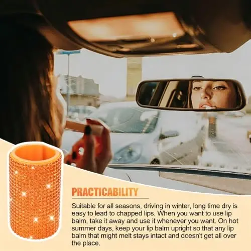 xbrtaia Upright Car Chapstick Holder, Bling Insulating Lip Balm Holder,Rhinestone Car Accessories for Women Interior ,Suitable for Most Vehicles. (Orange) - 4