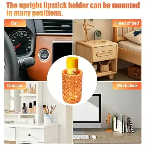 xbrtaia Upright Car Chapstick Holder, Bling Insulating Lip Balm Holder,Rhinestone Car Accessories for Women Interior ,Suitable for Most Vehicles. (Orange) - 6