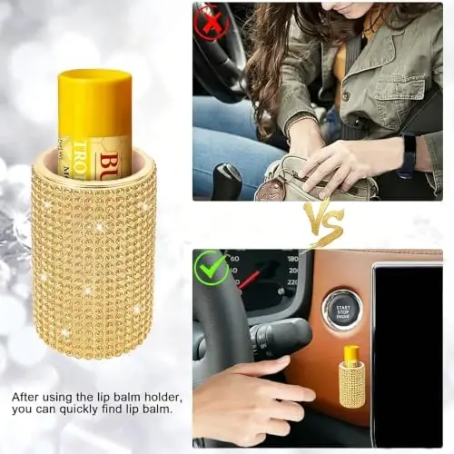 xbrtaia Upright Car Chapstick Holder, Bling Insulating Lip Balm Holder,Rhinestone Car Accessories for Women Interior ,Suitable for Most Vehicles. (Yellow) - 3