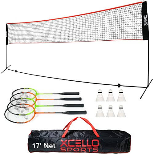 Xcello Sports Complete Badminton Racket Set - Includes 17-Foot Foldable Net, 4 Rackets, 6 Shuttlecocks, and Carry Bag - 1