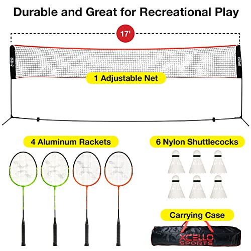 Xcello Sports Complete Badminton Racket Set - Includes 17-Foot Foldable Net, 4 Rackets, 6 Shuttlecocks, and Carry Bag - 2