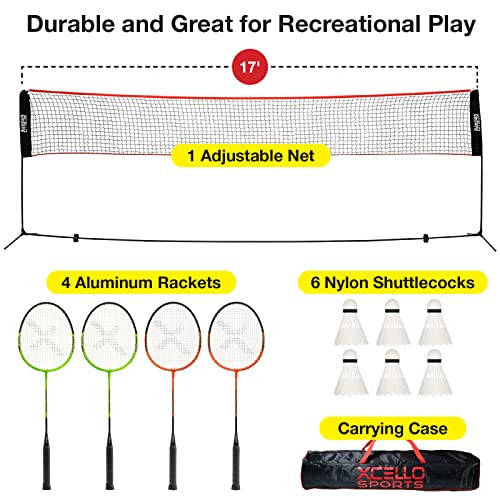 Xcello Sports Complete Badminton Racket Set - Includes 17-Foot Foldable Net, 4 Rackets, 6 Shuttlecocks, and Carry Bag - 2