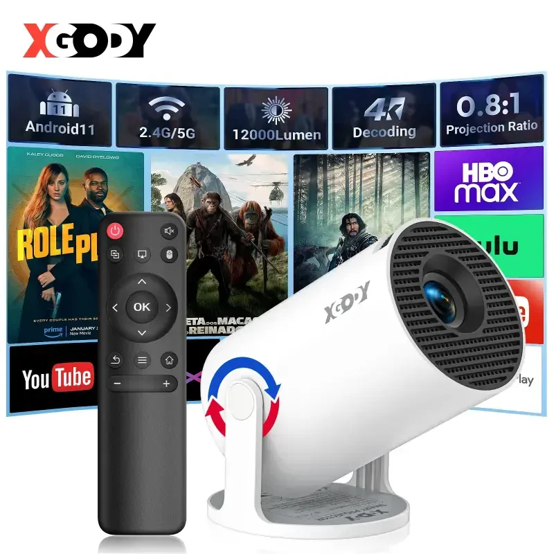 XGODY Gimbal 3 NEW Smart Mini Portable Projector with Bluetooth & WiFi,Support 1080P,White, 1 Count - 1