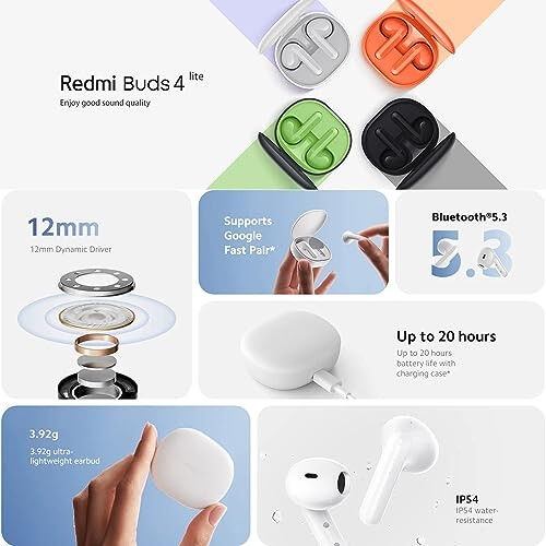 Xiaomi Redmi Buds 4 Lite TWS Simsiz Quloqchinlari, Bluetooth 5.3 Kam Kechikishli O'yin Quloqchigi, AI Qo'ng'iroq Shovqinini Bekitish, IP54 Su O'tkazmaydigan, 20 Soat O'ynash Vaqti, Yengil Konforli Quloqchinlar, Qora - XIAOMI (1)