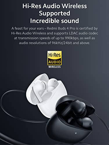 Xiaomi Redmi Buds 4 Pro Wireless Earbuds, Hi Resolution Audio, Dual Driver Speaker, Immersive Sound, Up to 43dB ANC, Dual Device Connectivity, 36h Long Battery, Fast Charging, App, IP54, White - 3